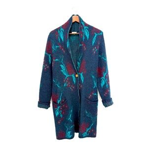 Vintage Oriana Blue Mohair Wool Blend Duster Shawl Collar Knit Cardigan Medium